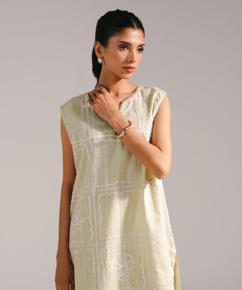 Women's RTW Dobby Embroidered Straight Mint Green Shirt
