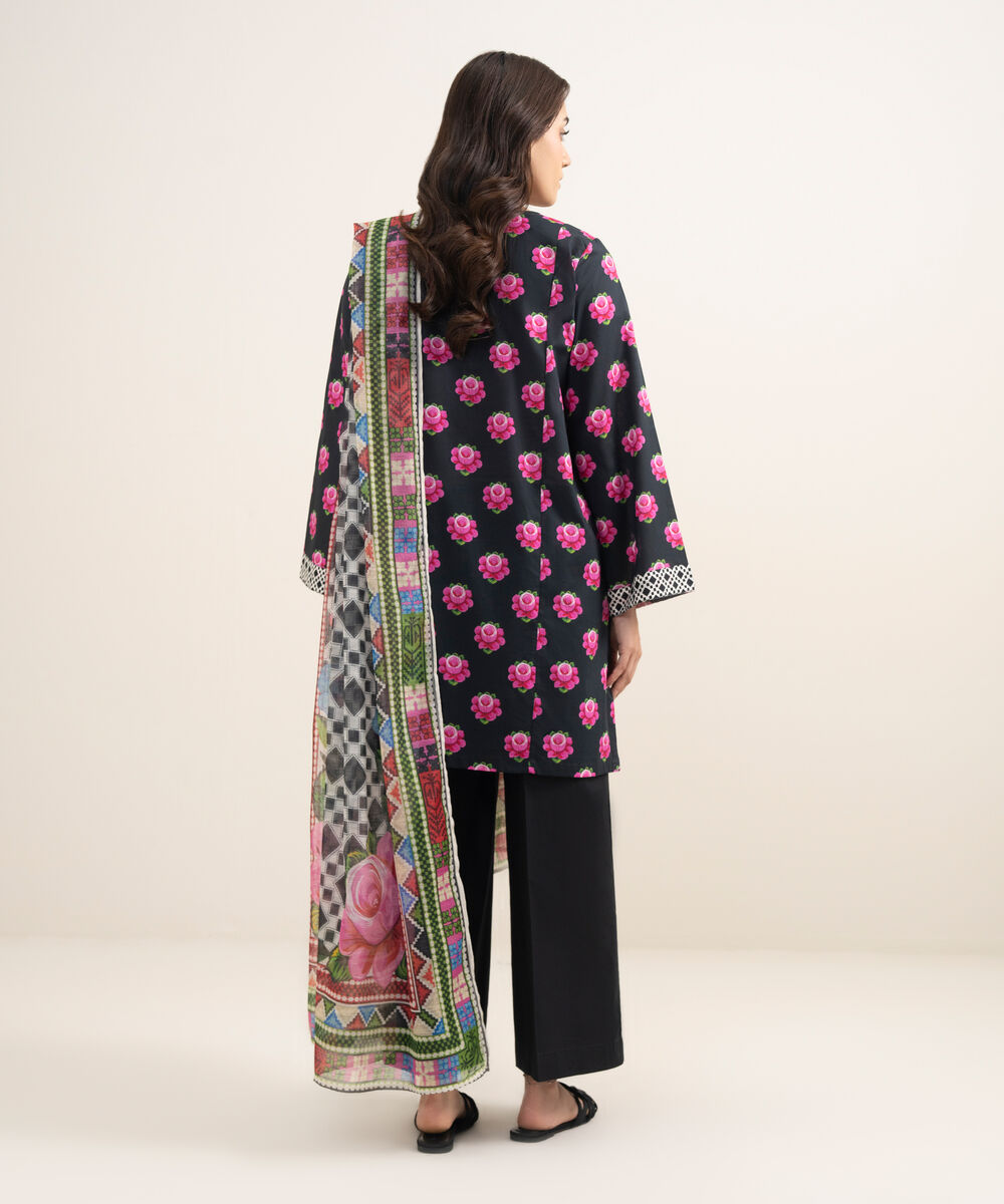 Women's RTW Slub Lawn Printed Black 2 Piece Suit