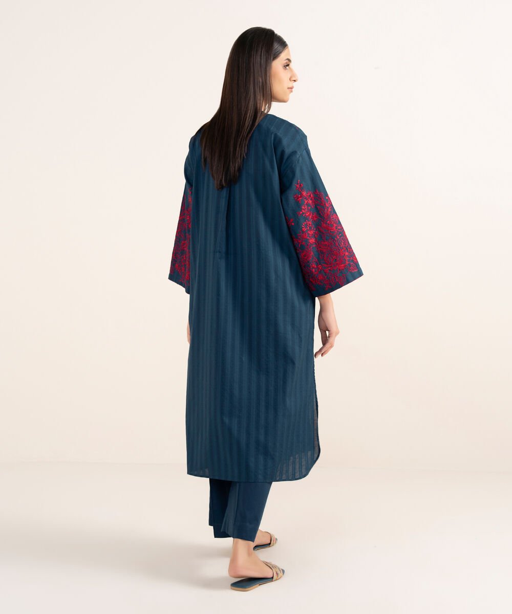 Women's RTW Textured Lawn Blue Embroidered A-Line Shirt