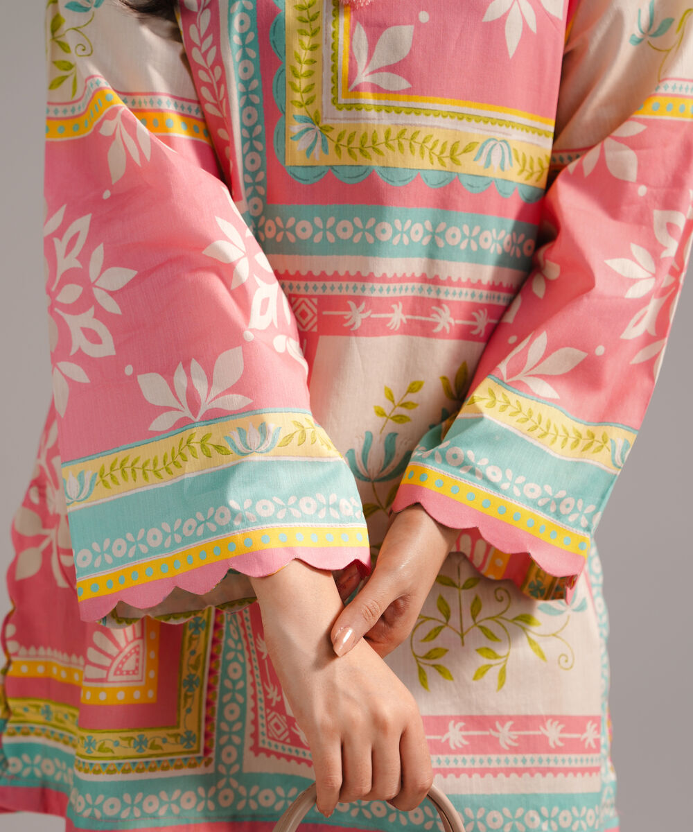 Women's RTW Cambric Printed Pink Drop Shoulder Shirt