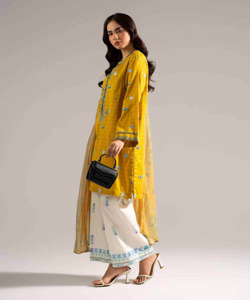 Women's RTW Dobby Embroidered Yellow 3 Piece Suit