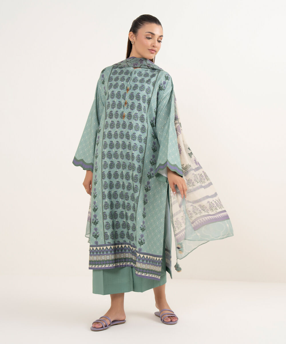 Women's Unstitched Cotton Printed Green Three Piece Suit