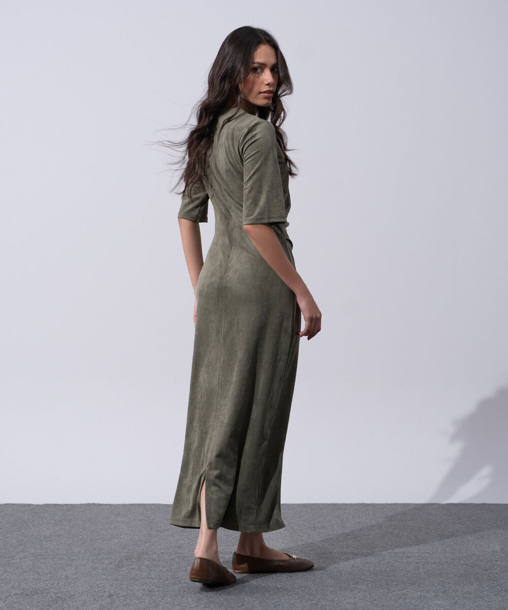 Women's Western Wear Green Polyester Pleated Faux Suede Long Dress