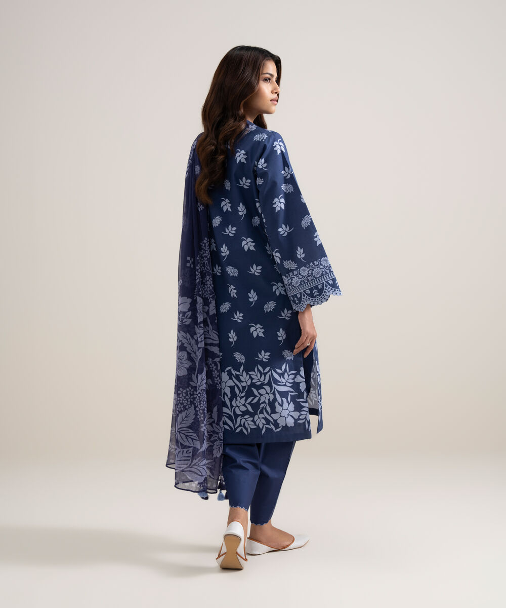 Women's Unstitched Lawn Printed Blue 3 Piece Suit