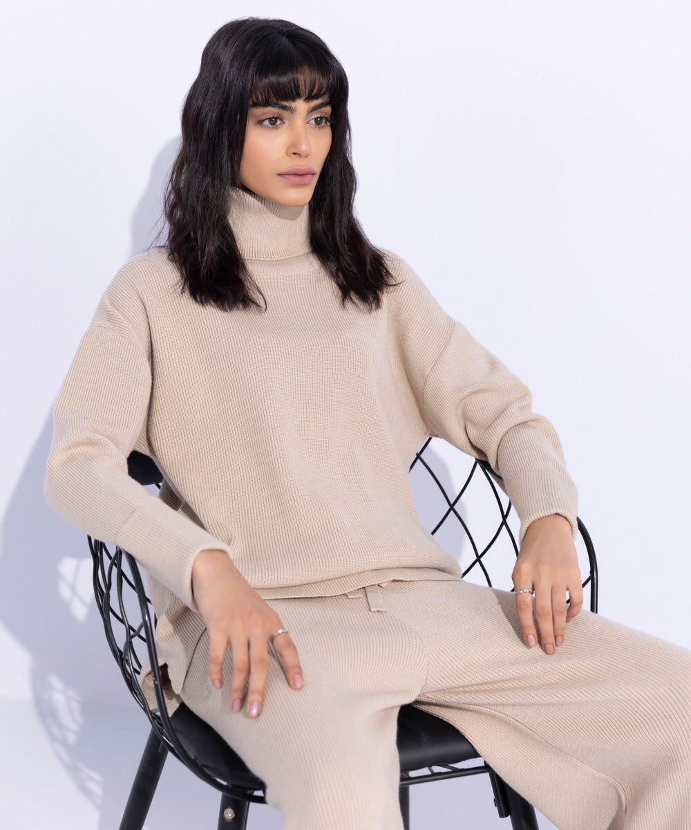 Woman - Beige Ribbed Turtle Neck Sweater