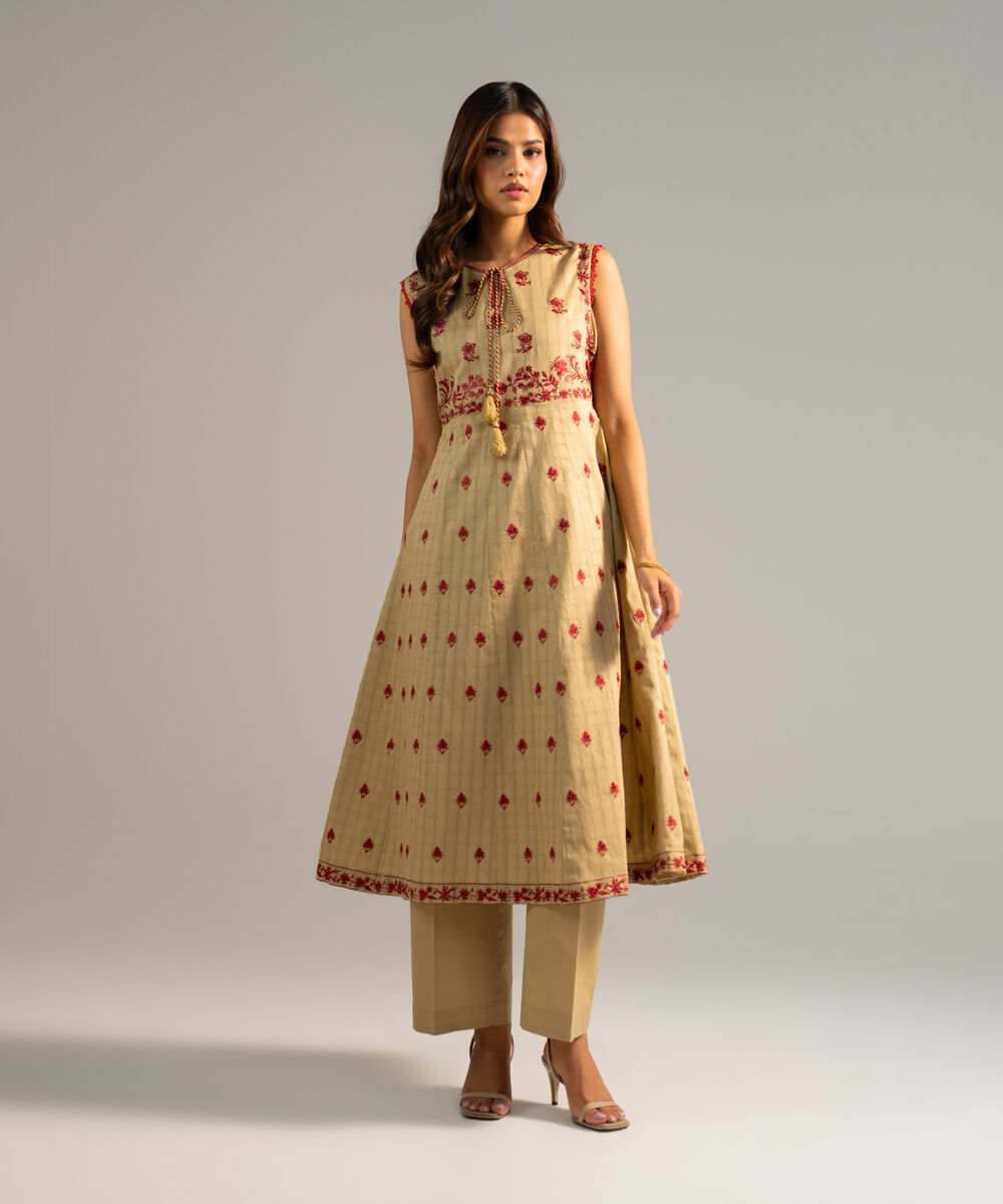 Women's RTW Dobby Embroidered Dark Beige 2 Piece Suit