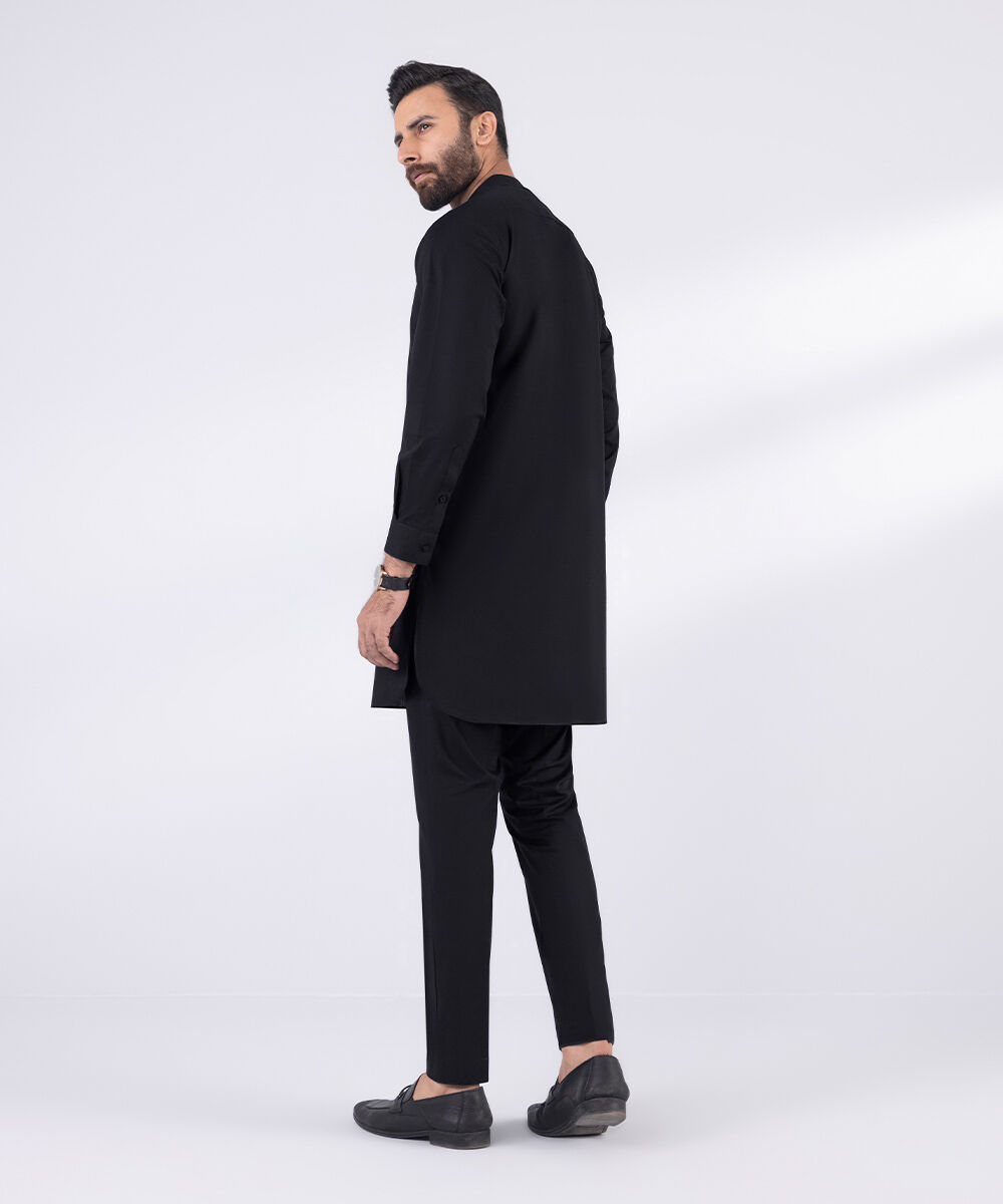 Men's 100% Cotton Stitched Plain Black Stitched Suit