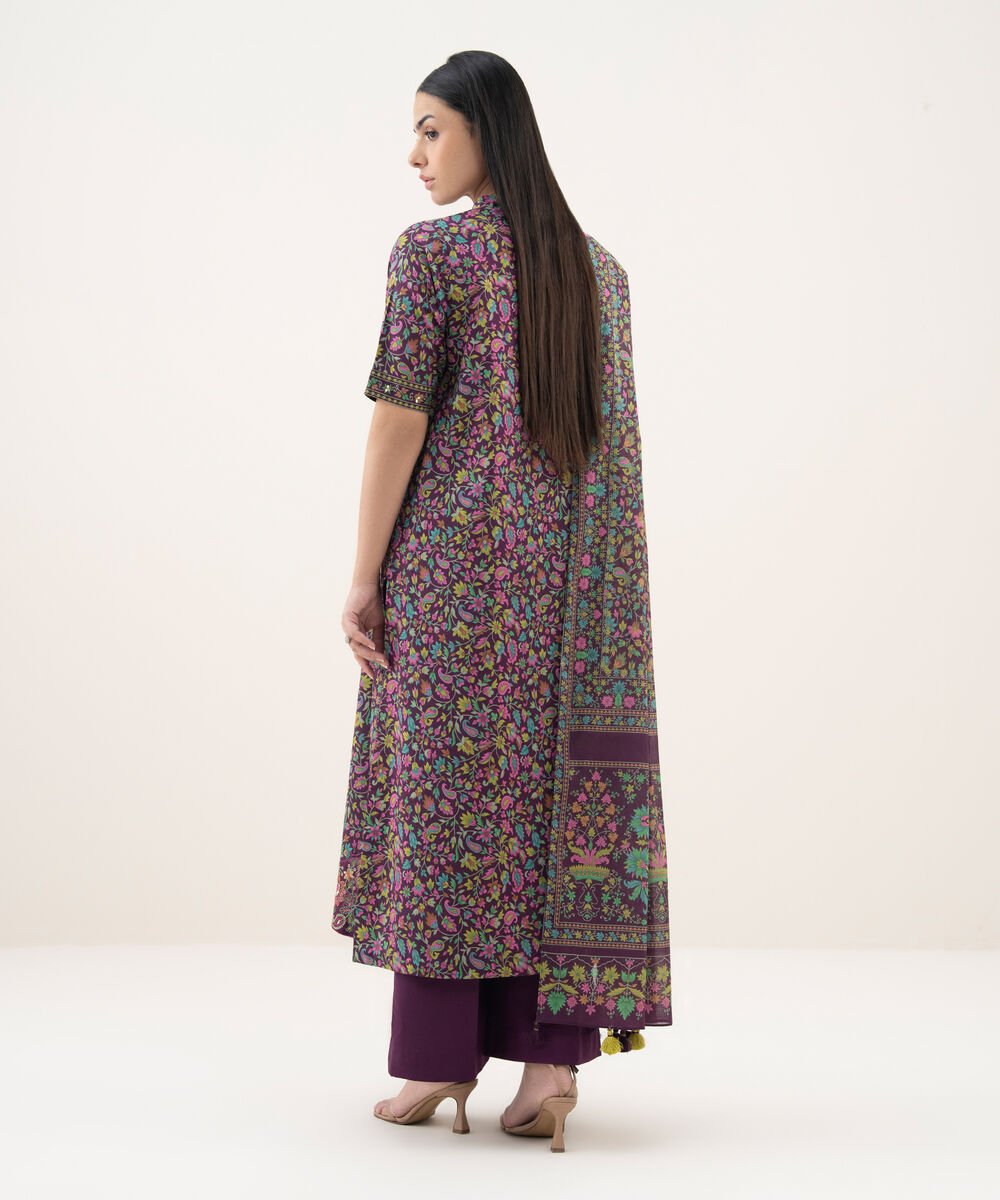 Women's Unstitched Cotton Printed Purple 3 Piece Suit