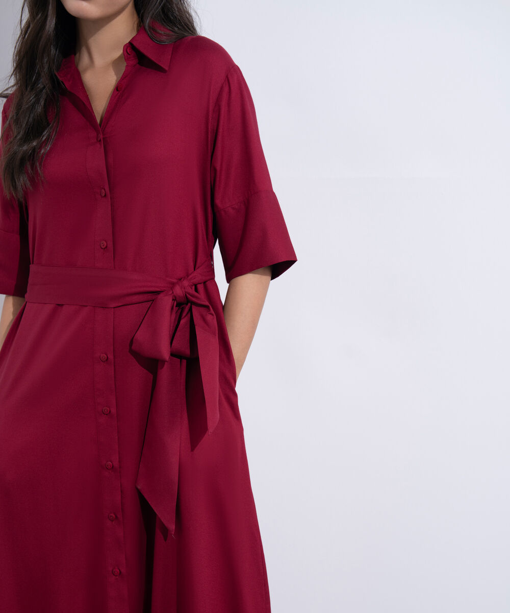 Women's Western Wear Red Short Sleeve Dress With Belt