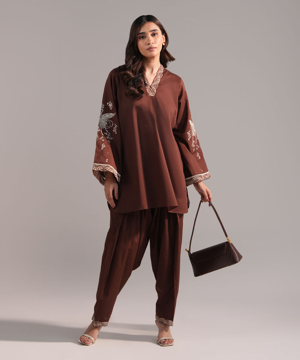 Women's RTW Crosshatch Embroidered Brown Straight Shirt