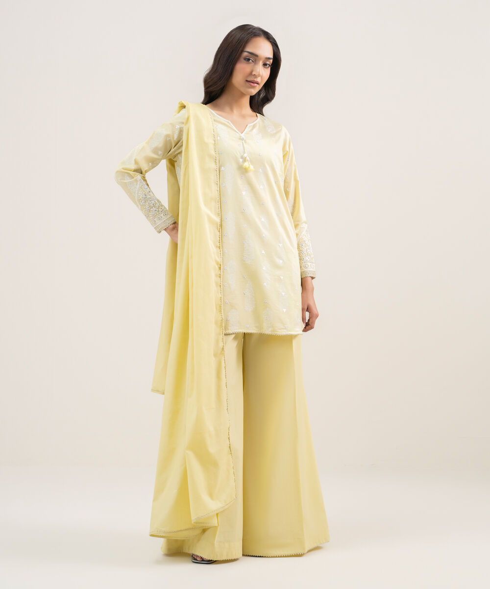 Women's RTW Lawn Embroidered Pale Yellow 3 Piece Suit