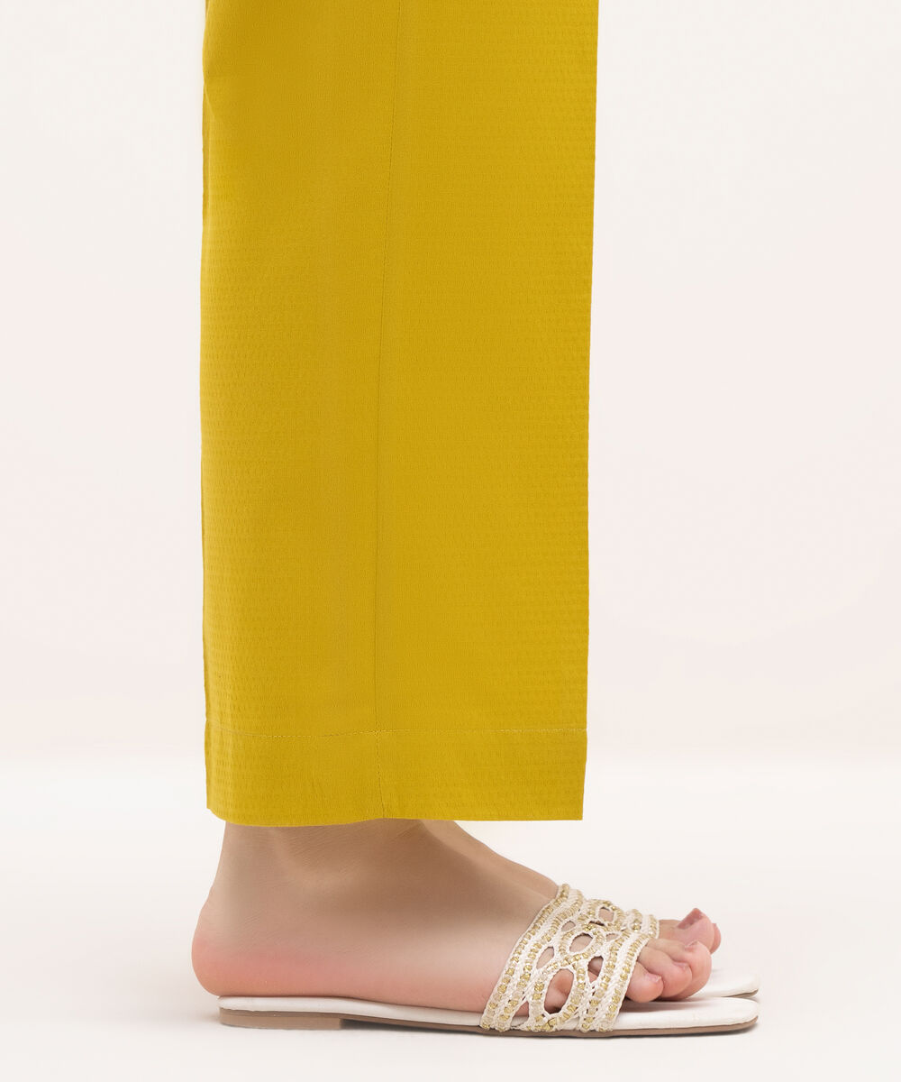 Women's RTW Textured Cotton Yellow Solid Straight Pants