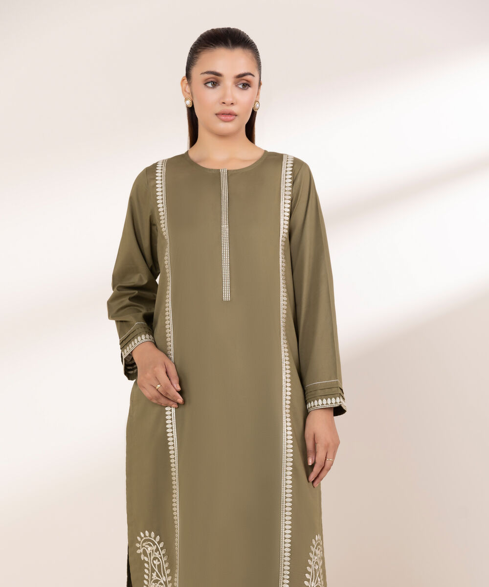Women's RTW Textured Lawn Green Embroidered A-Line Shirt