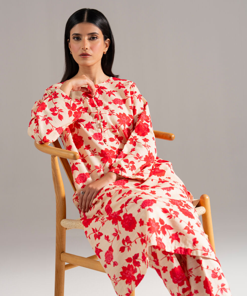 Women's RTW Khaddar Printed Off White 2 Piece Suit