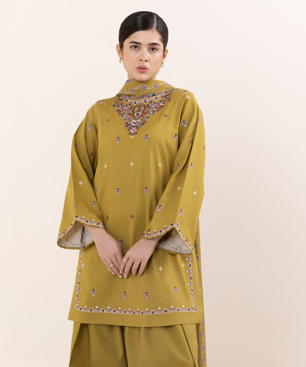 Women's Unstitched Lawn Embroidered Mustard Three Piece Suit