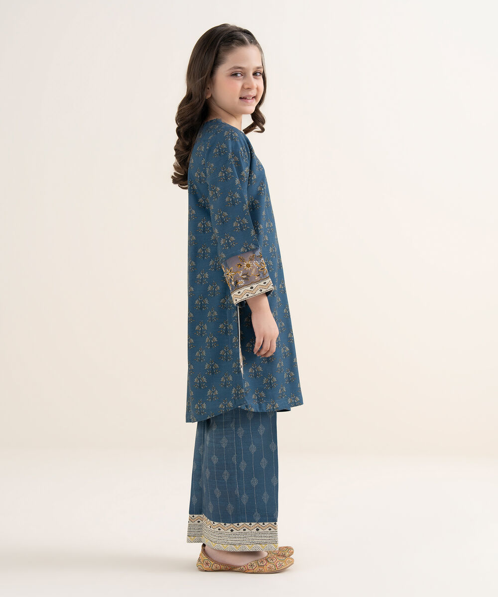Girl's Arabic Khaddar Embroidered Blue 2 Piece Suit
