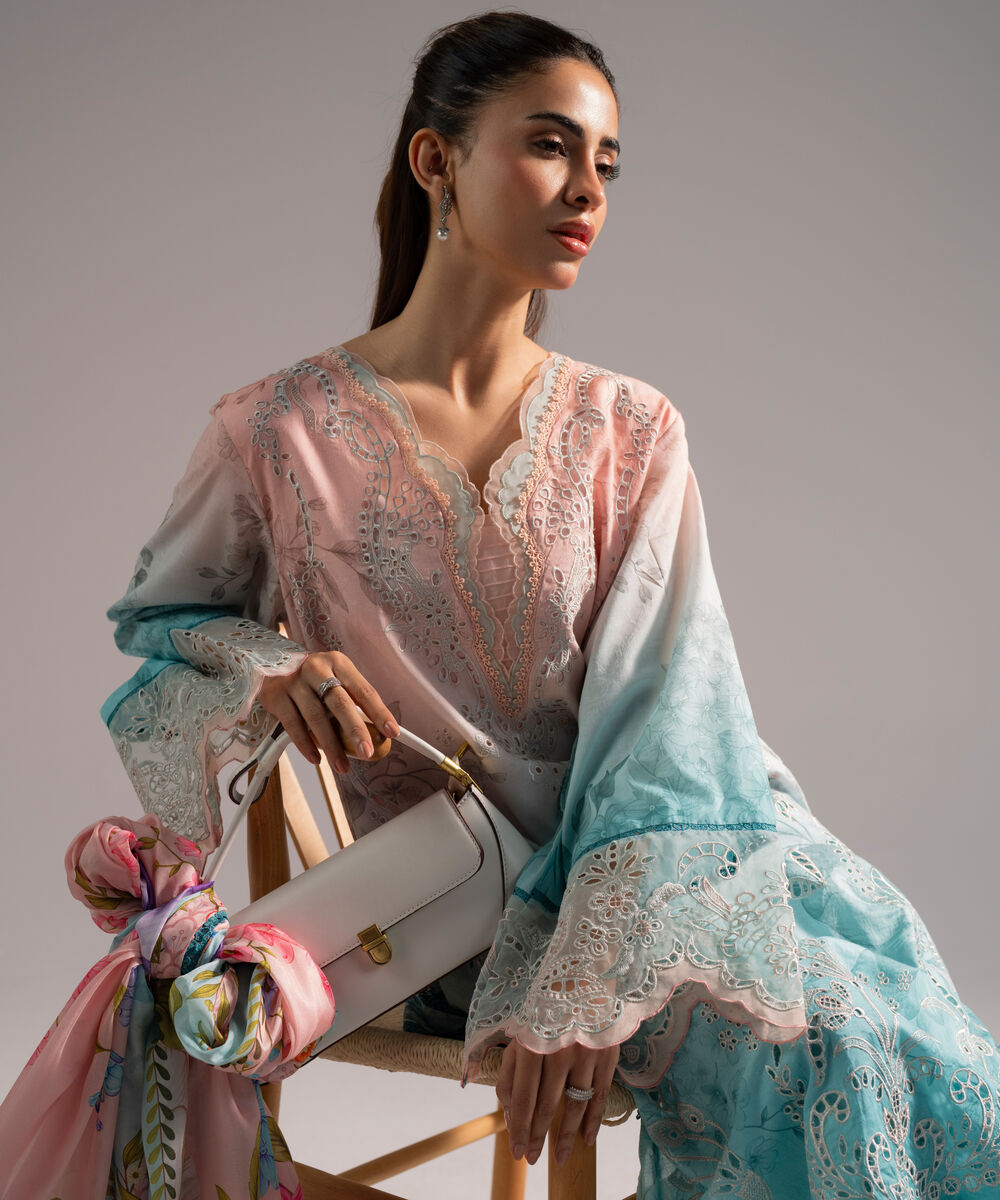 Women's RTW Self Jacquard Embroidered Blue 3 Piece Suit