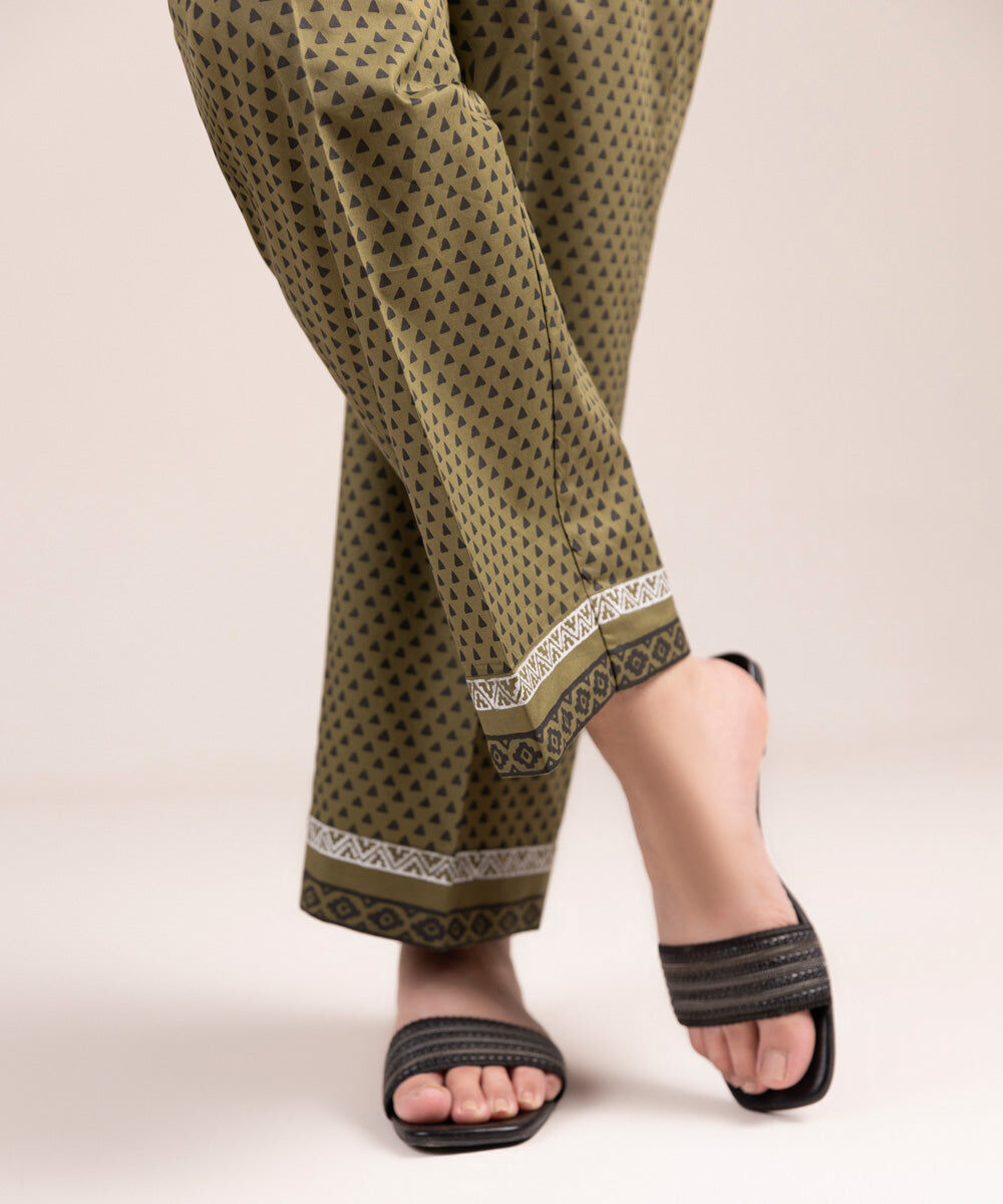 Women's Pret Cambric Printed Green Straight Pants