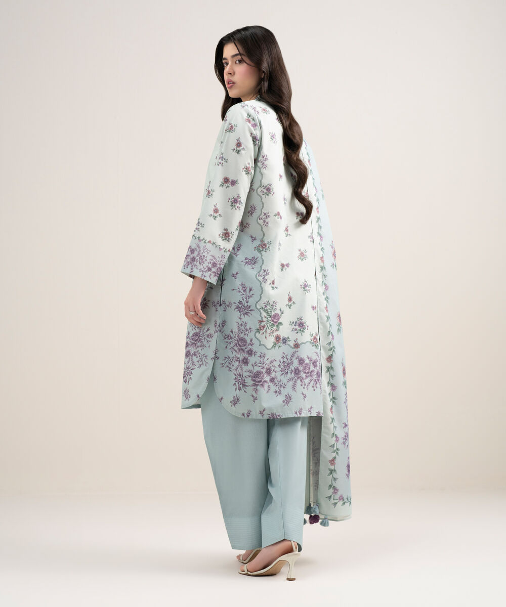 Women's Unstitched Zari Lawn Printed Blue 3 Piece Suit