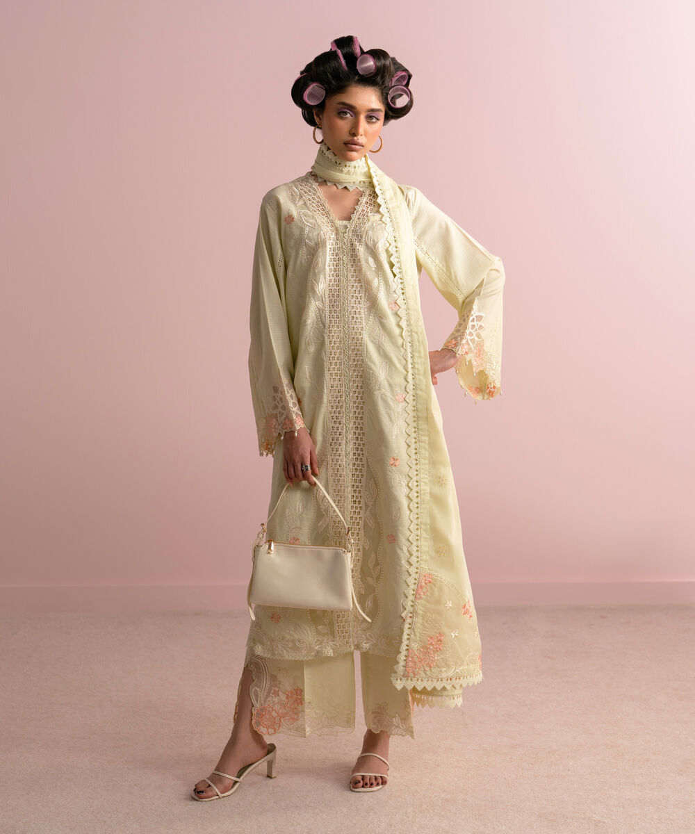 Women's RTW Dobby Embroidered Light Green 3 Piece Suit