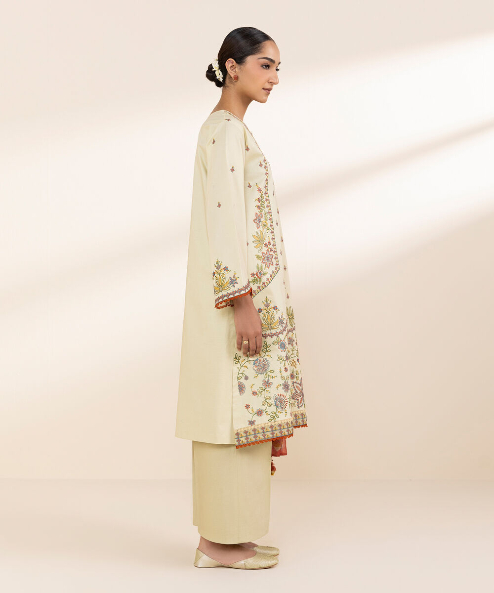 Women's Unstitched Lawn Embroidered Off White 3 Piece Suit