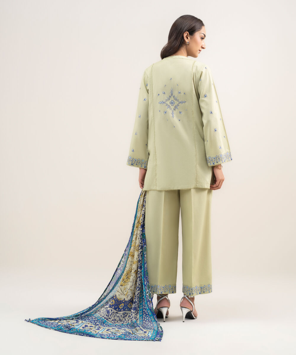 Women's RTW Dobby Embroidered Green 3 Piece Suit