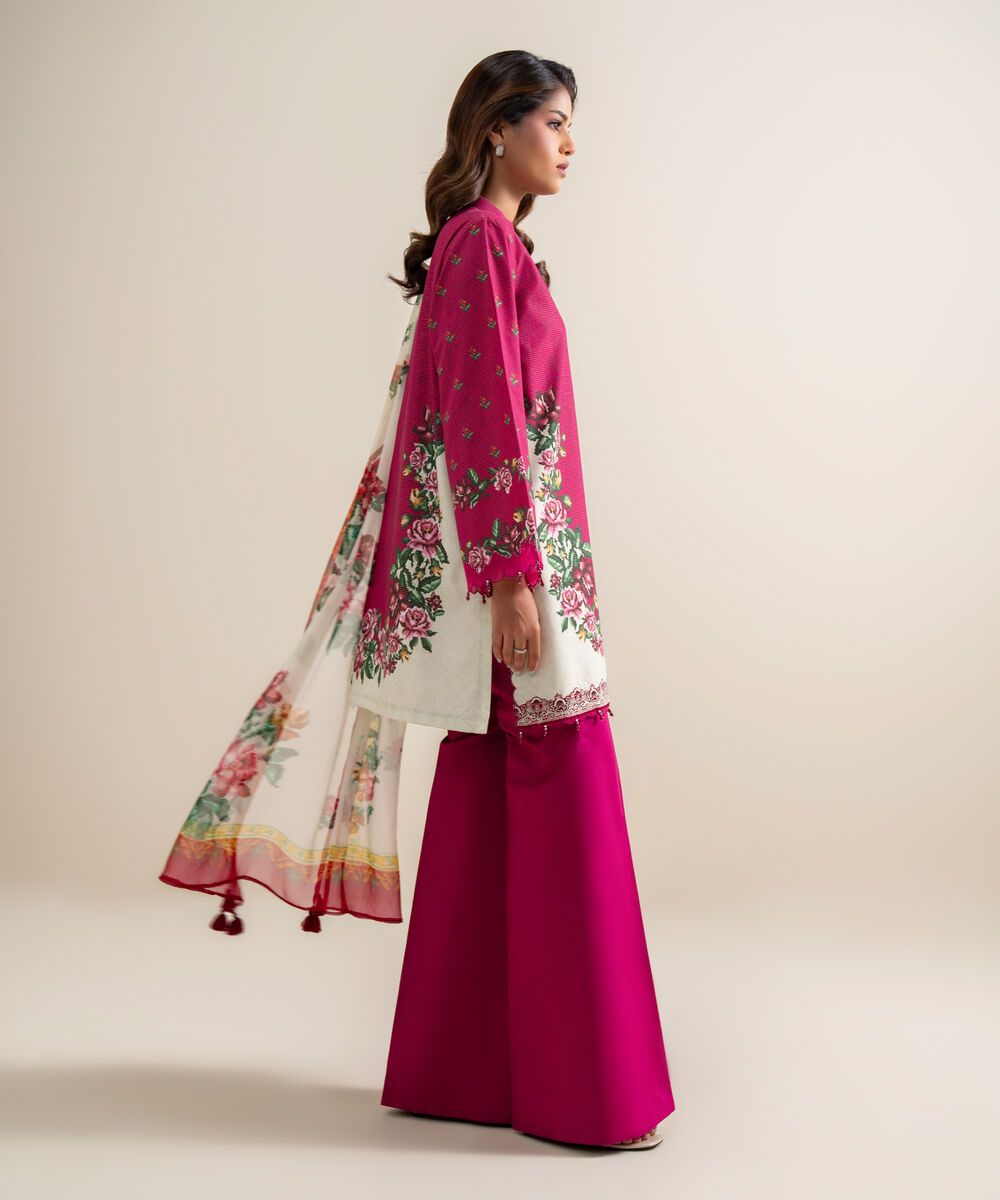 Women's Unstitched Zari Cotton Embroidered Pink 3 Piece Suit