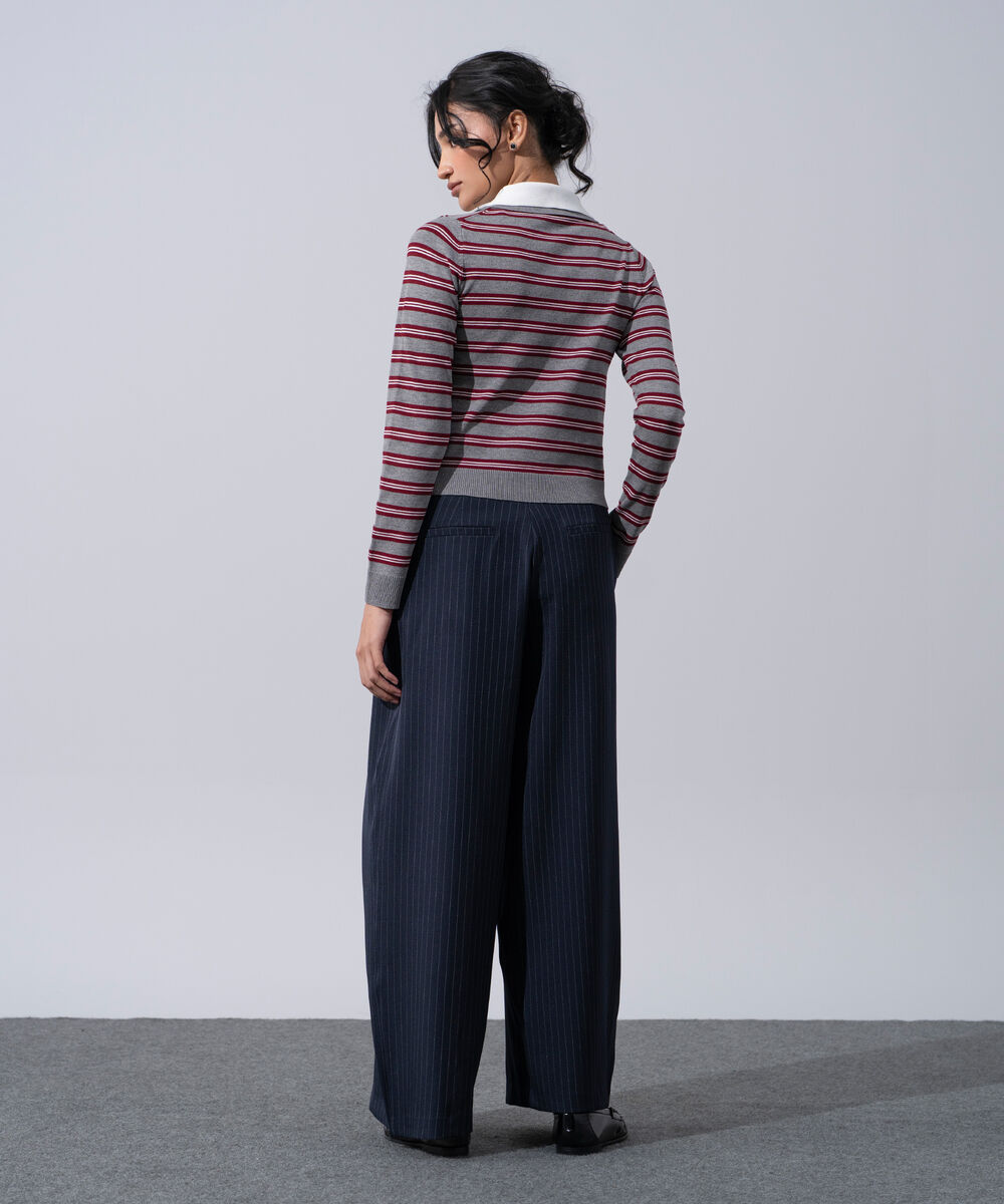 Women's Western Wear Grey And Merlot Polyester Striped Contrast Knit Polo Sweater