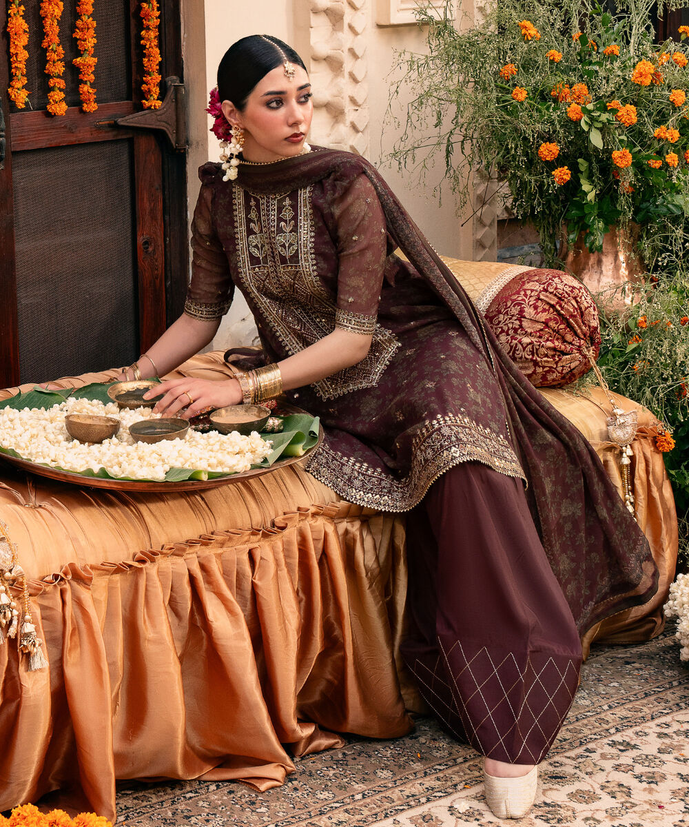 Women's Unstitched Embroidered Blended Chiffon Red 3 Piece Suit