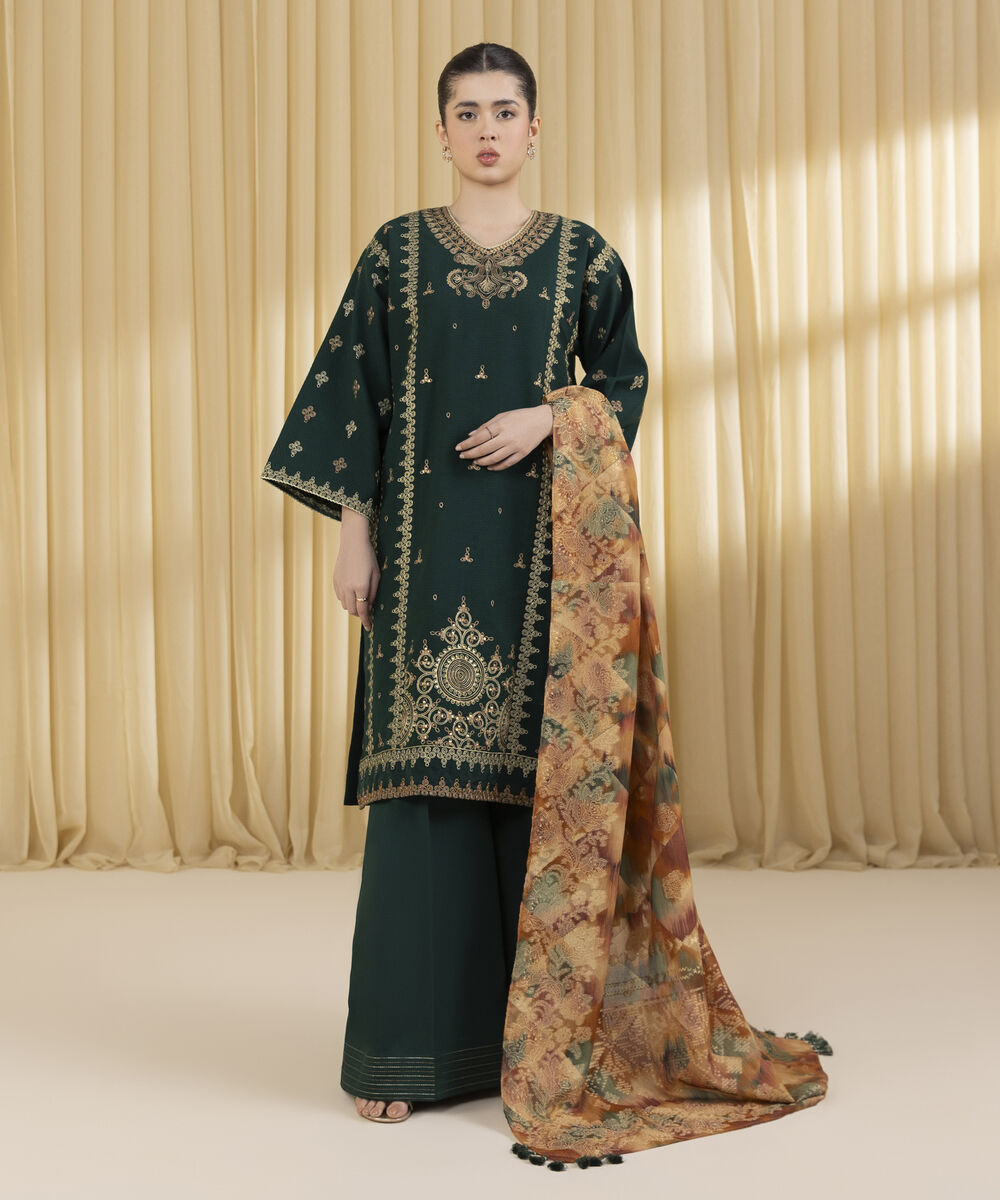 Unstitched Women's Green Dobby 3 Piece Suit