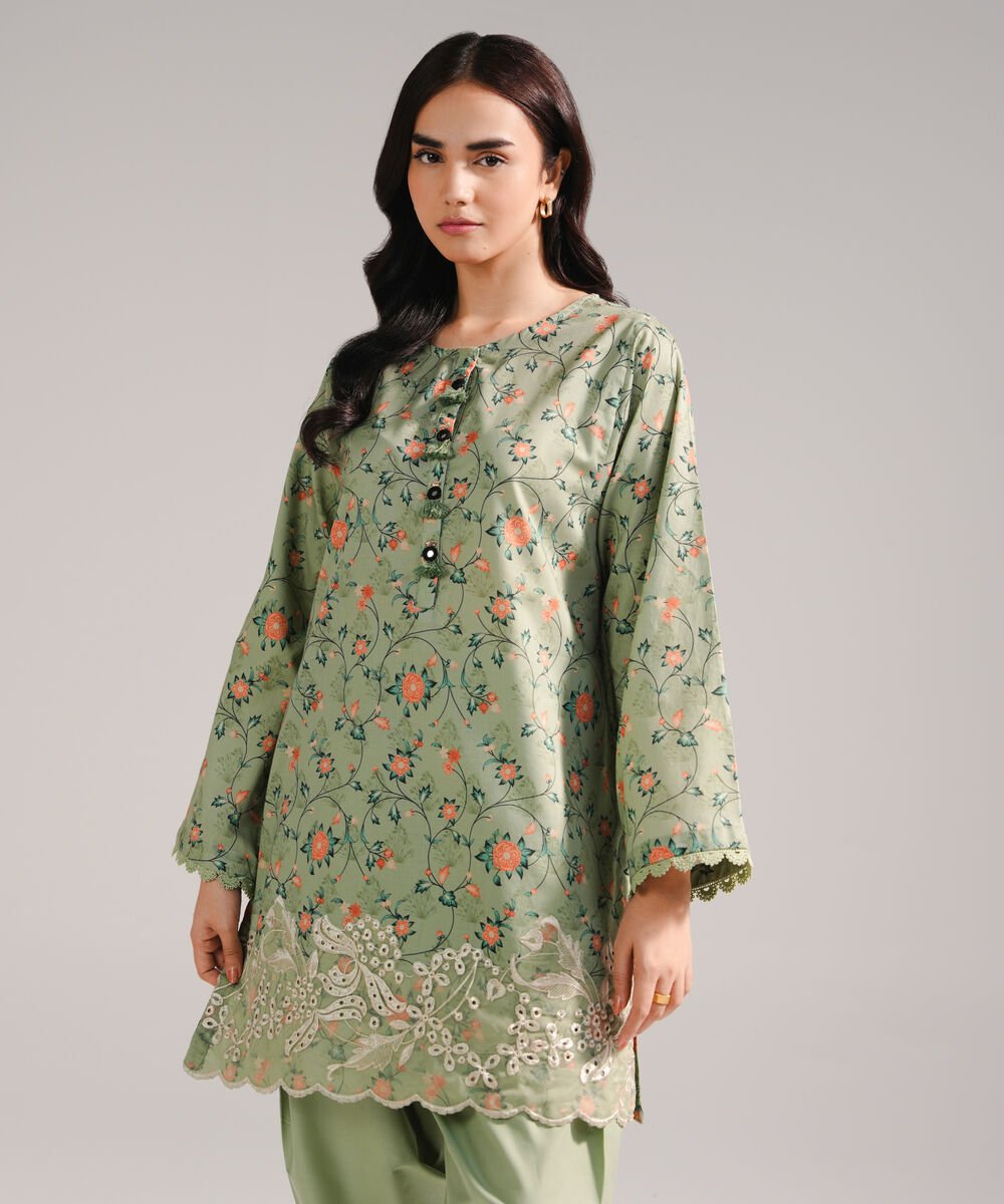 Women's RTW Dobby Embroidered Green 2 Piece Suit