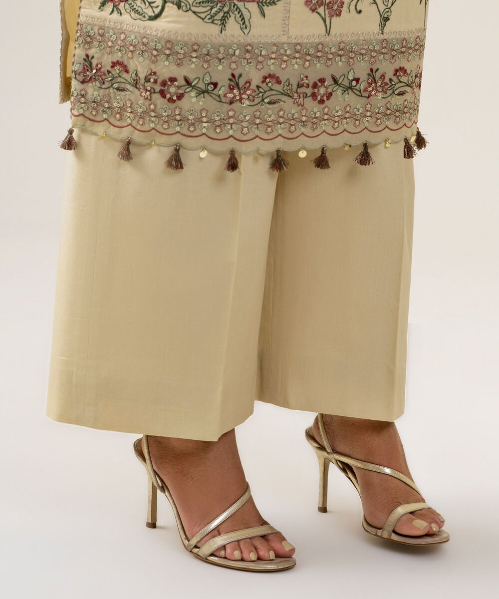 Women's Unstitched Bemberg Tissue Embroidered Beige 3 Piece Suit
