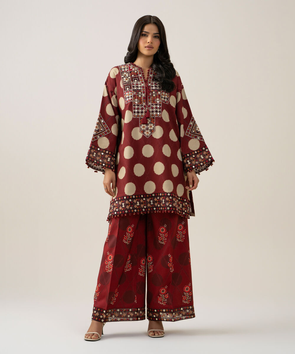 Women's Unstitched Linen Embroidered Maroon 2 Piece Suit