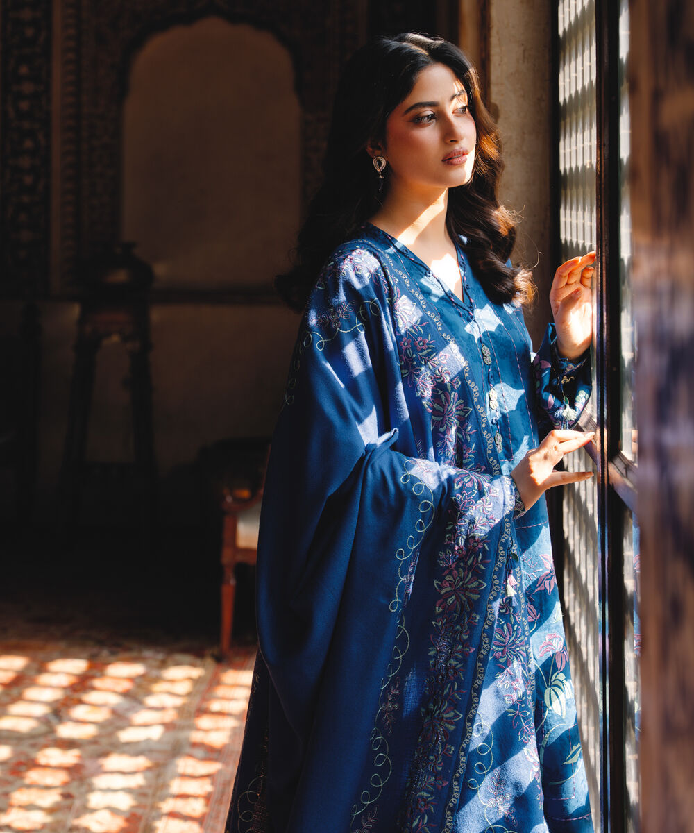 Women's Unstitched Cotton Jacquard Embroidered Blue 3 Piece Suit