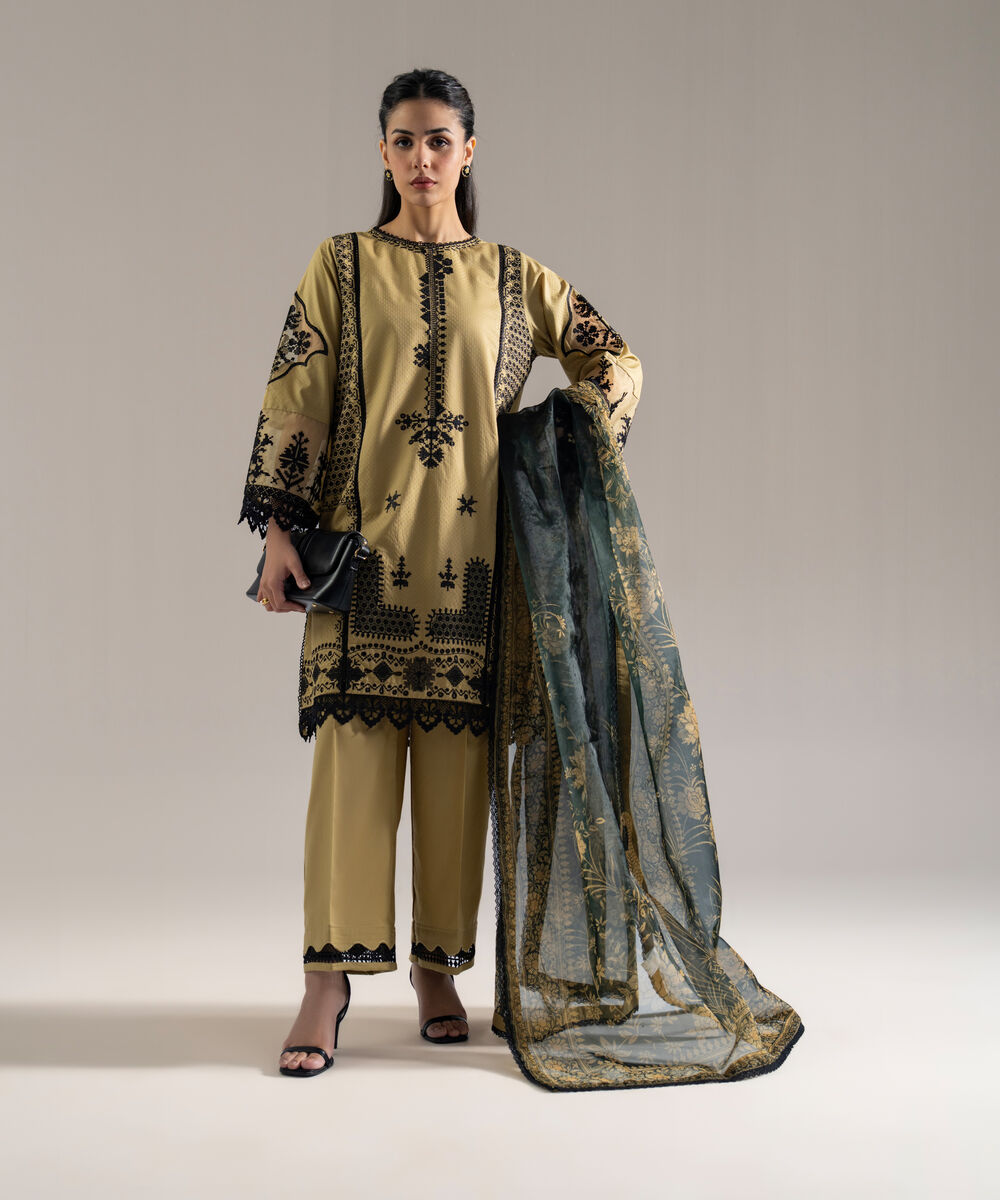 Women's RTW Fine Voil Solid Embroidered Beige 3 Piece Suit