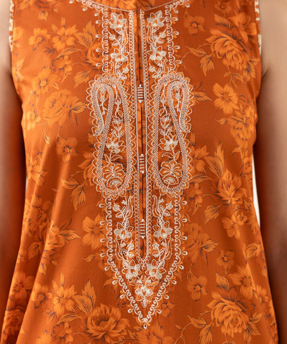 Women's Unstitched Lawn Embroidered Orange 2 Piece Suit