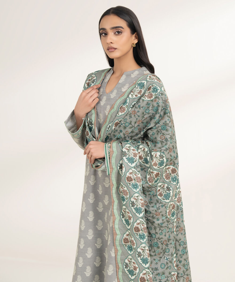 Women's RTW Khaddar Printed Grey 3 Piece Suit