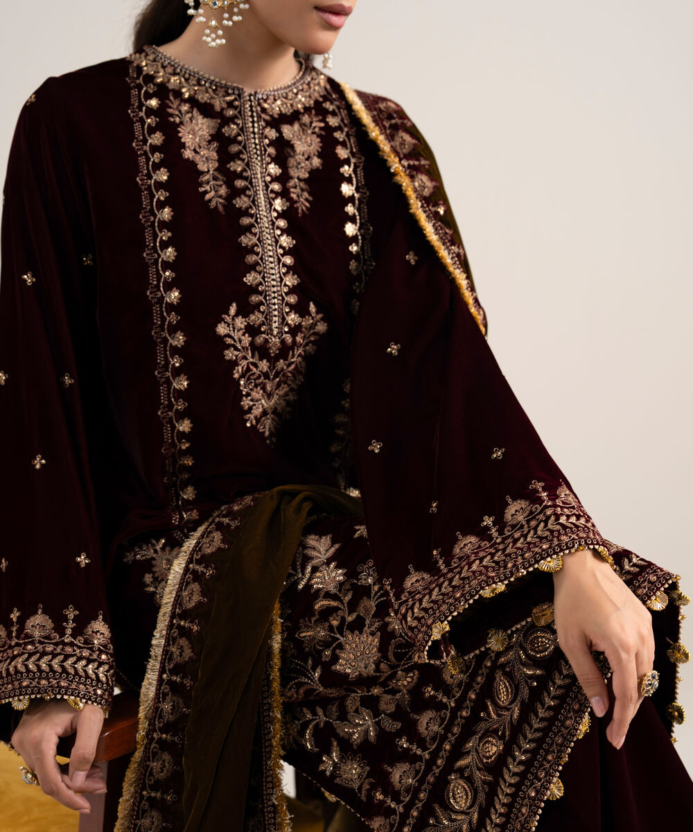 Women's Unstitched Embroidered Velvet Maroon 3 Piece Suit