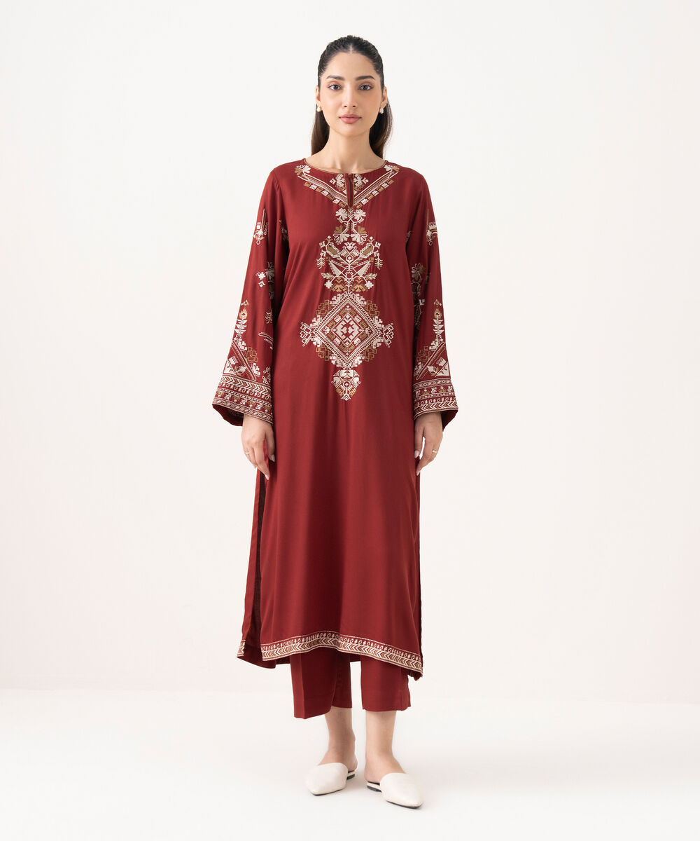 Women's RTW Bedford  Embroidered Maroon Straight Shirt