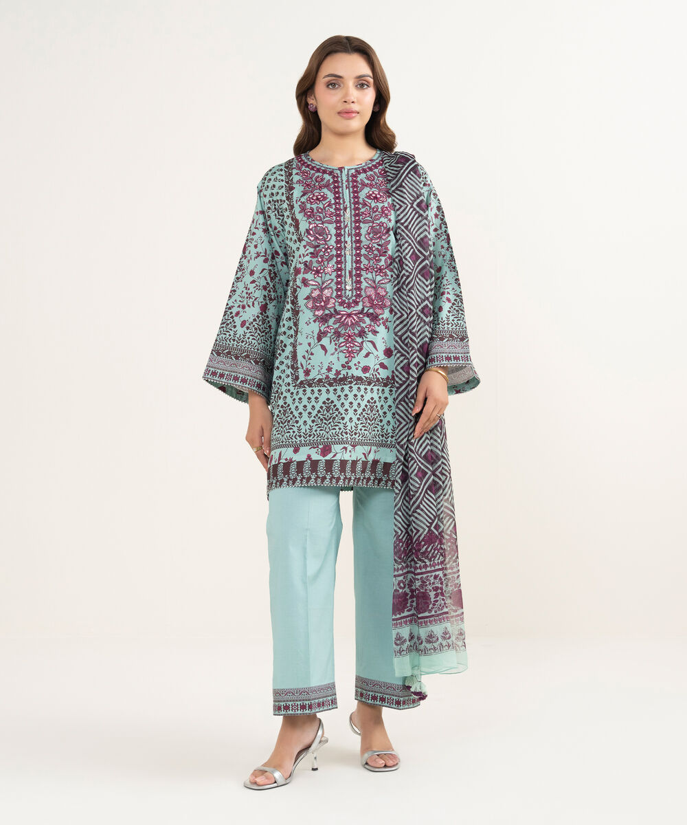 Women's Unstitched Lawn Embroidered Blue 3 Piece Suit