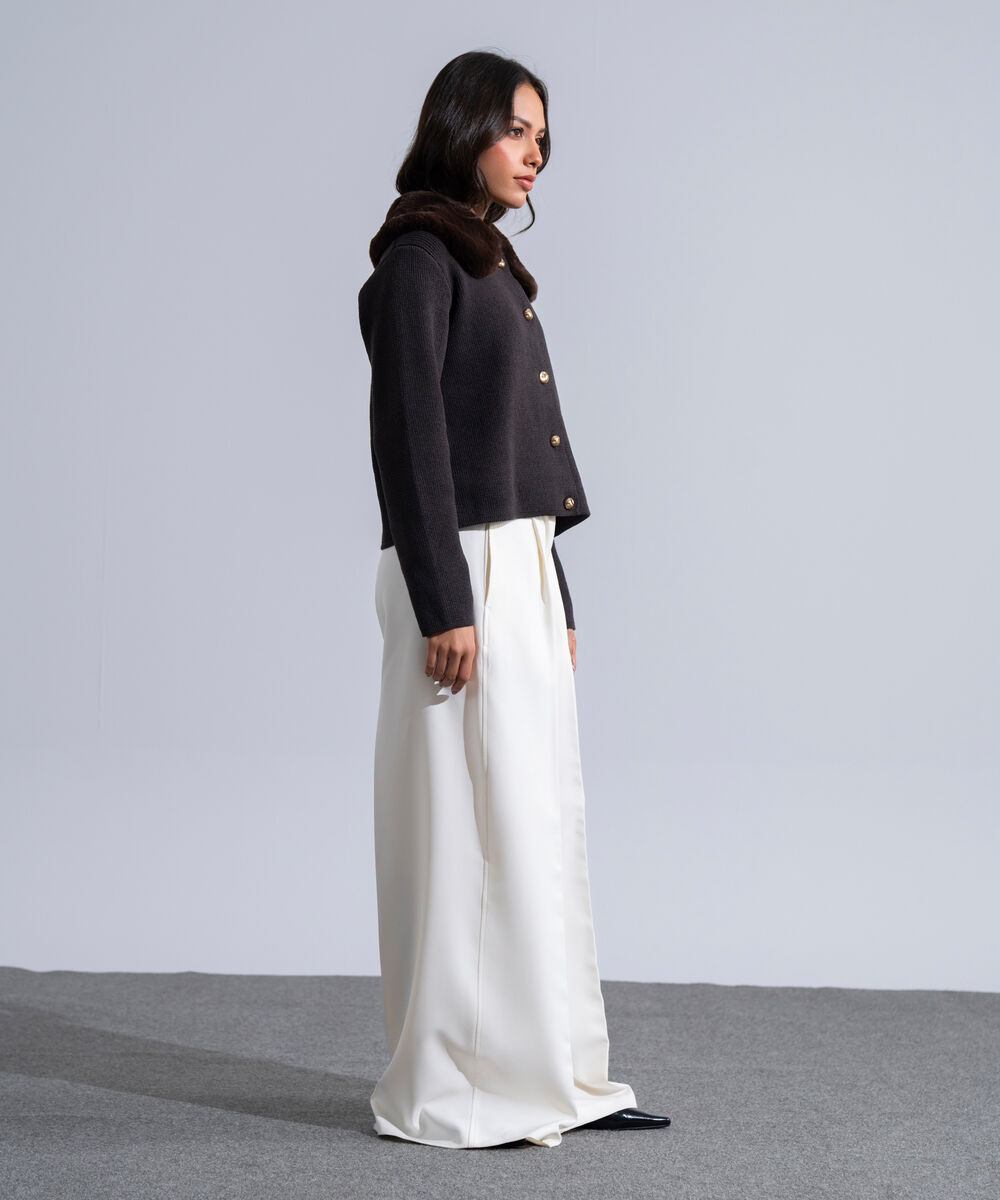 Women's Western Wear White Polyester Pleated Wide Leg Trousers