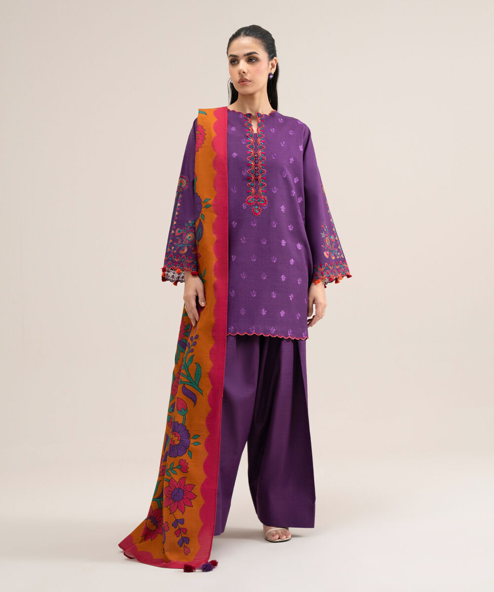Women's Unstitched Cotton Embroidered Purple 3 Piece Suit