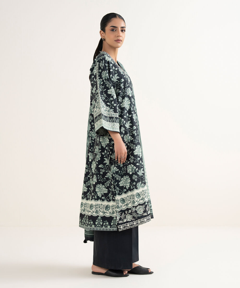 Women's Unstitched Cotton Printed Black 3 Piece Suit