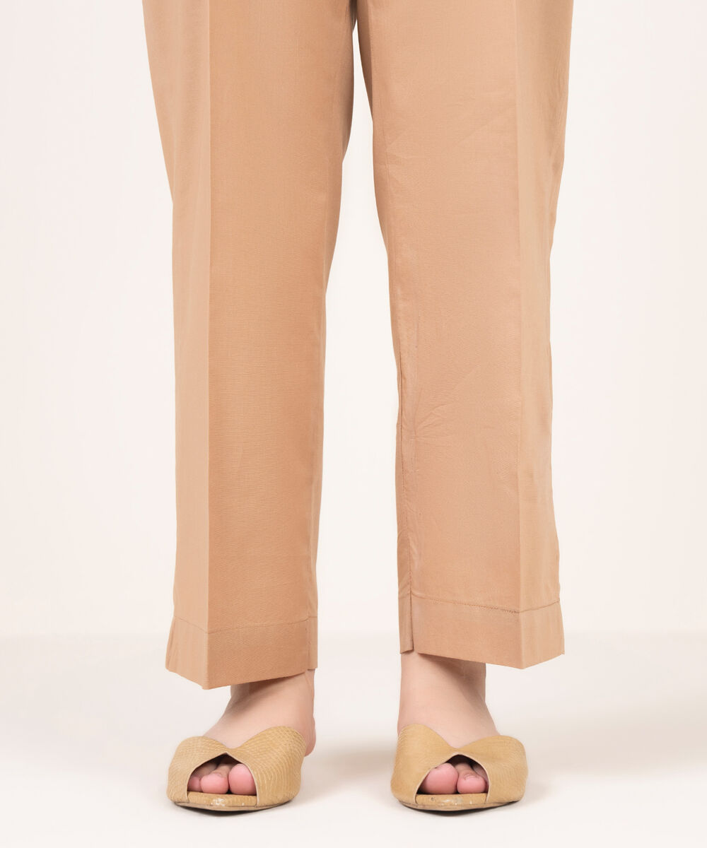 Women's RTW Cotton Solid Beige Straight Pants