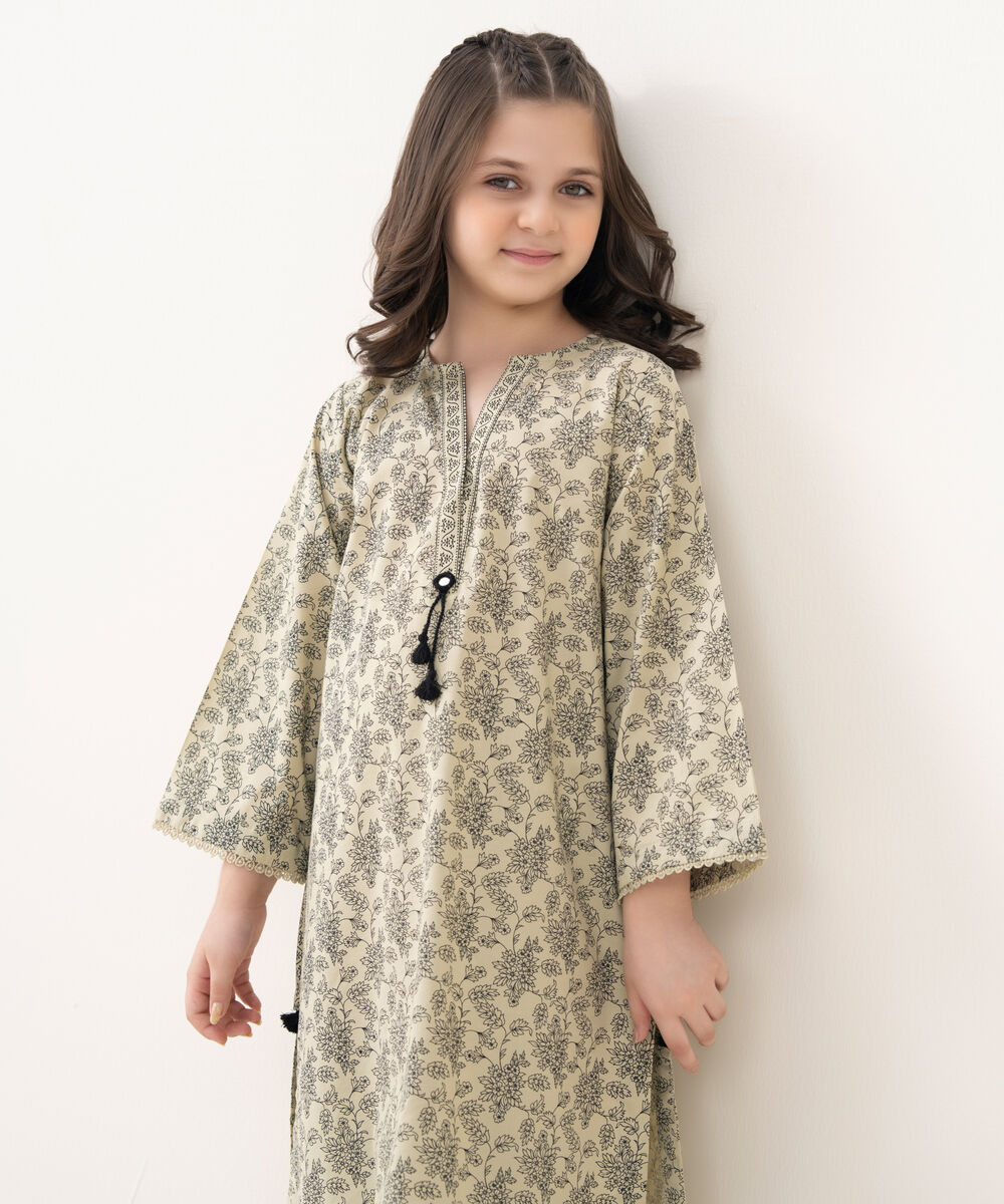 Girl's Cotton Viscose Printed Beige 2 Piece Suit