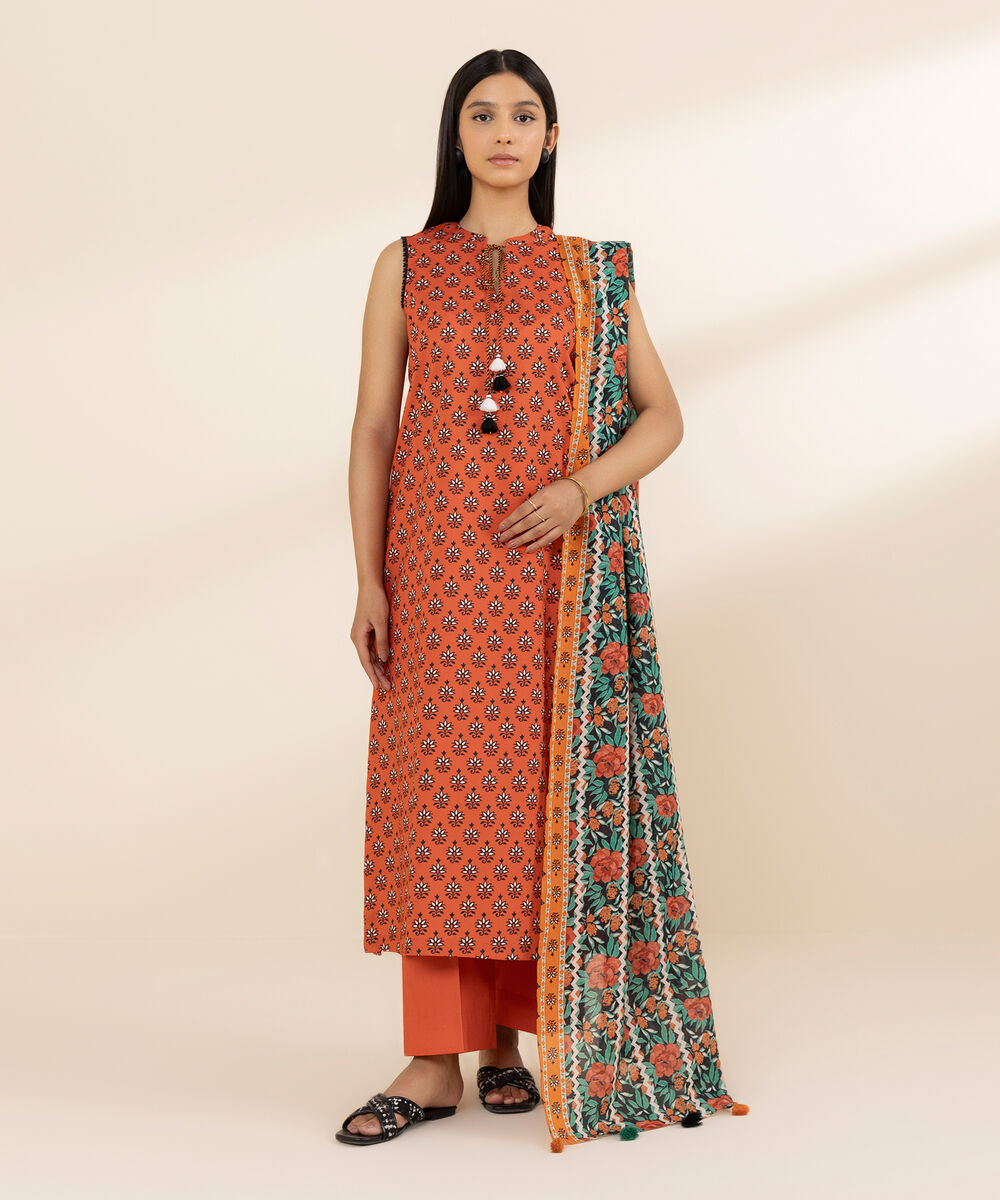 Women's Unstitched Lawn Printed Red 3 Piece Suit