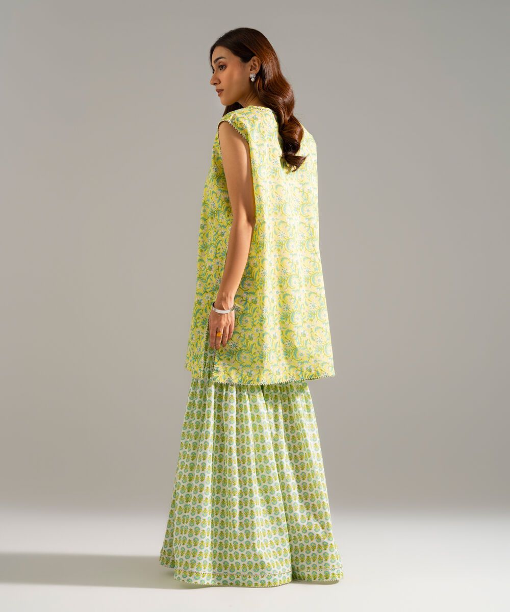 Women's RTW Slub Lawn Printed Green Straight Shirt