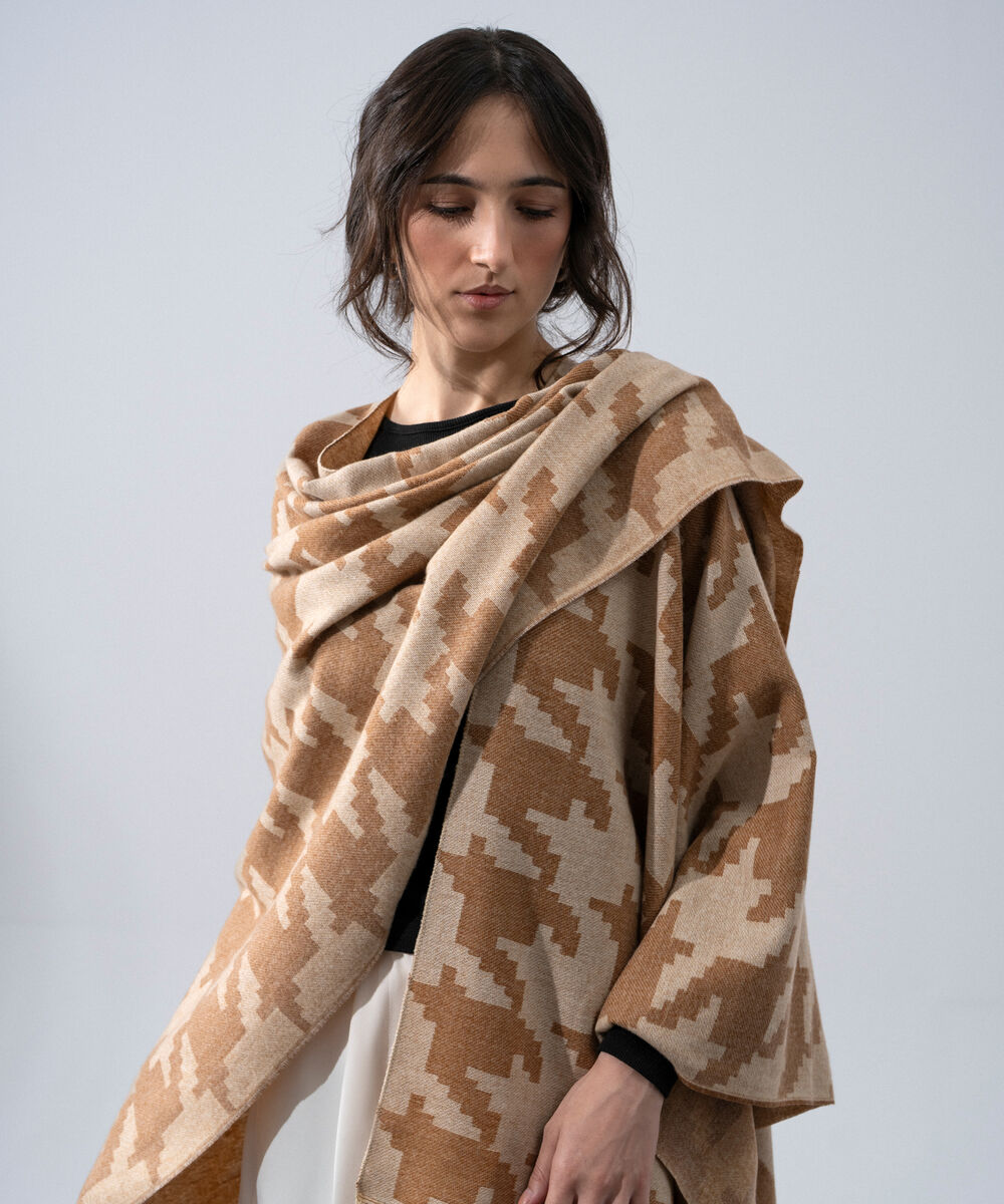 Women's Western Wear Light Brown Polyester Houndstooth Cape Shawl
