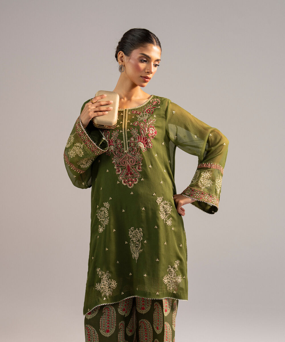 Women's RTW Chiffon Embroidered Green 2 Piece Suit