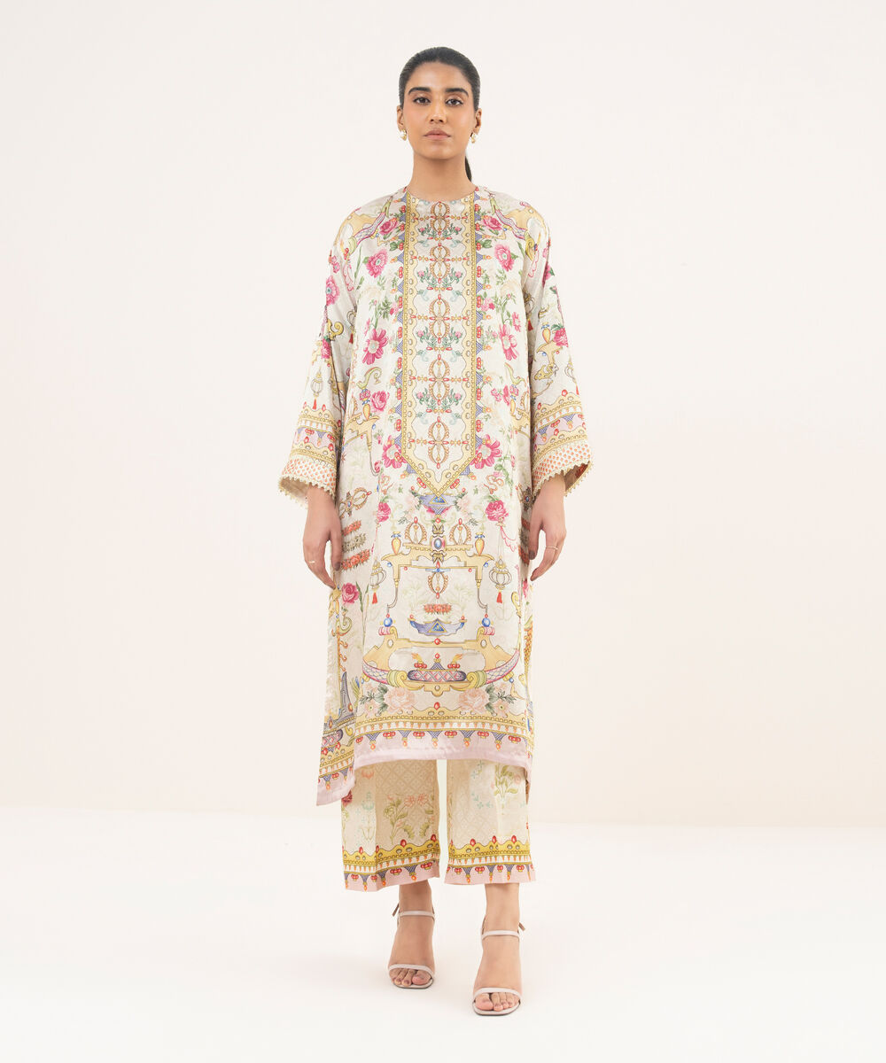 Women's RTW Blended Satin Beige Printed A-Line 2 Piece Suit